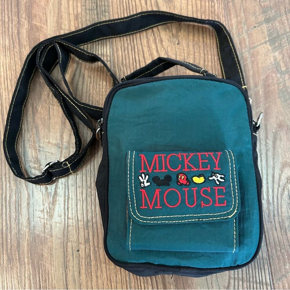 Vintage Embroidered Mickey Mouse Nylon Crossbody Bag Green Black